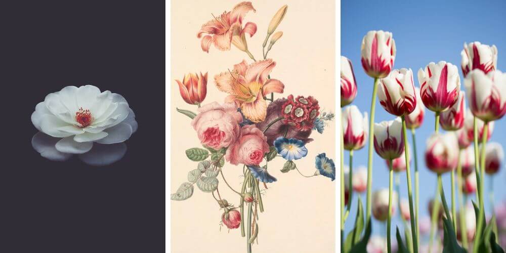 Mindhárom képen virágok vannak, de teljesen eltérő a képek stílusa.