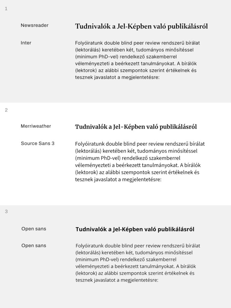 választható font kombinációk a Jel-Kép szakfolyóirat weboldalához